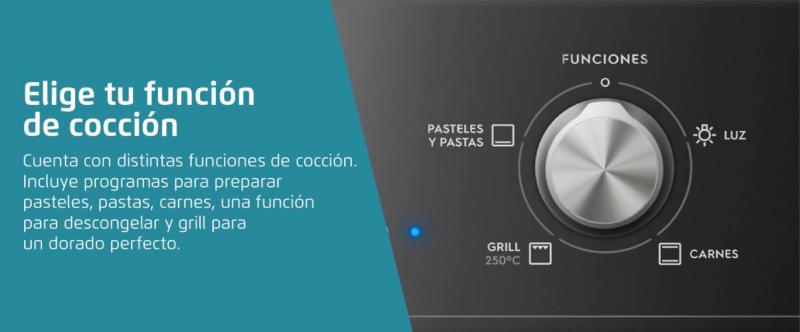 Elige tu funcin de coccin. Cuenta con distintas funciones de coccin. Incluye programas para preparar pasteles, pastas, carnes, una funcin para descongelar y grill para un dorado perfecto.