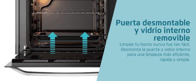 Puerta desmontable y vidrio interno removible Limpiar tu horno nunca fue tan fcil. Desmonta la puerta y vidrio interno para una limpieza ms eficientem rpida y simple.