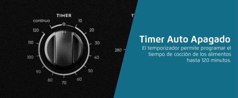 Timer Auto Apagado. El temporizador permite programar el tiempo de cocción de los alimentos hasta 120 minutos.