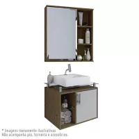 Kit para Banheiro Armario Porto 60cm com Porta de Vidro e Espelheira Treviso 56cm Amendoa/Off White