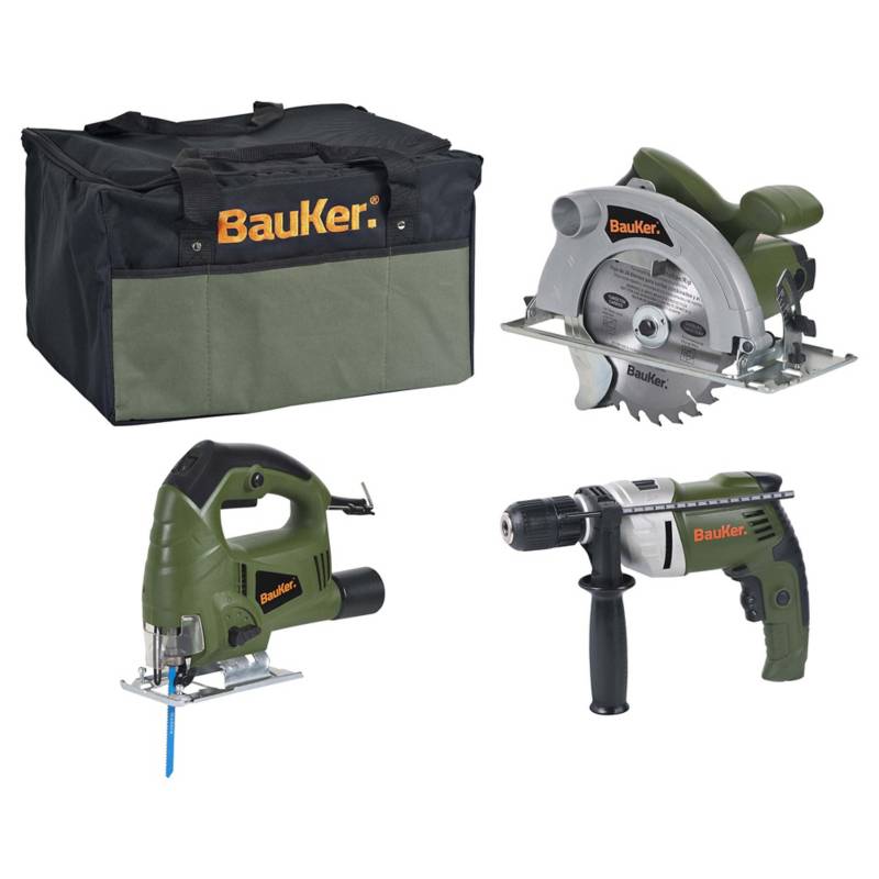 BAUKER - Kit eléctrico taladro + sierra circular + sierra caladora+bolso
