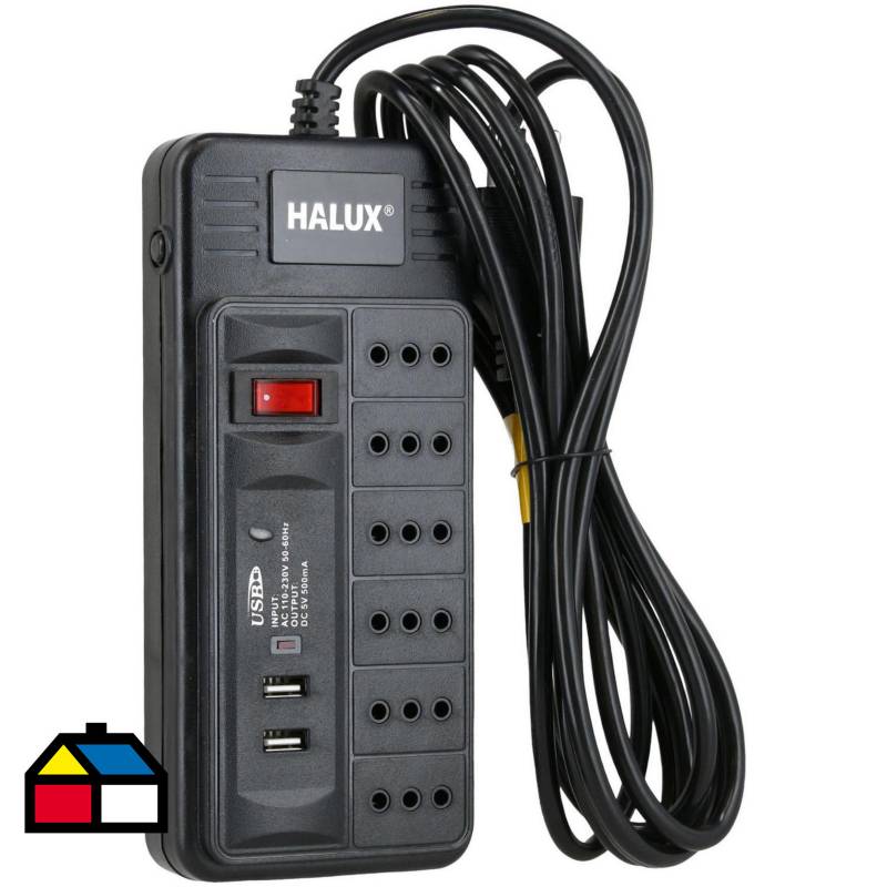 HALUX - Alargador 6 tomas con 2 puertos USB e interruptor On Off 3 m