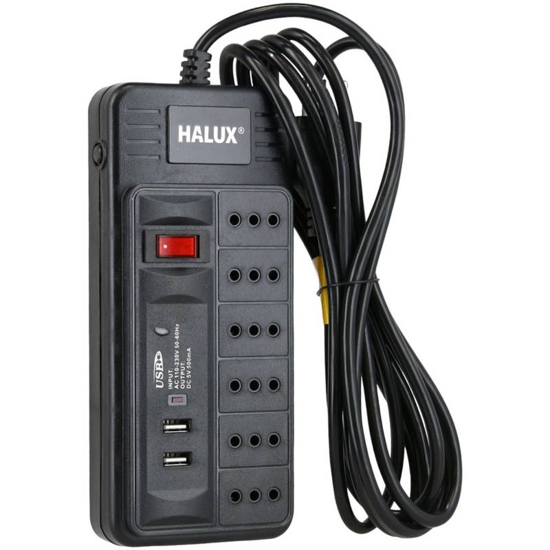 HALUX - Alargador 6 tomas con 2 puertos USB e interruptor On Off 3 m
