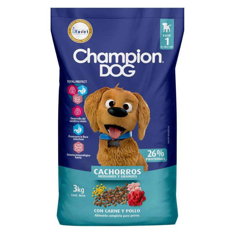 CHAMPION DOG - Alimento seco para cachorro 3 kg carne, pollo y leche