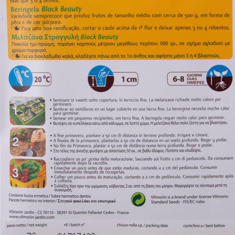 Semillas Ecologicas Certificadas Berenjena Black Beauty , Sobre 3 gr.