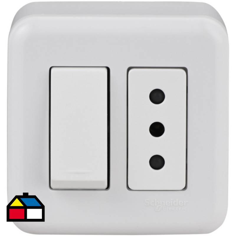 SCHNEIDER ELECTRIC - Interruptor simple (9/12) y tomacorriente de sobreponer 10 A Blanco