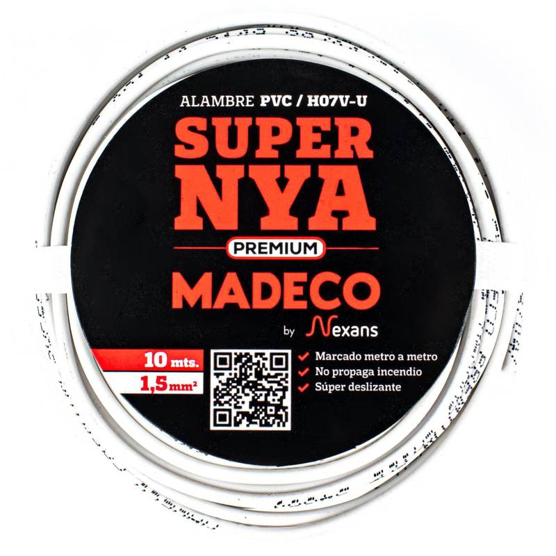 MADECO - Alambre de cobre aislado Premium (H07V-U) 1,5 mm2 10 m Blanco