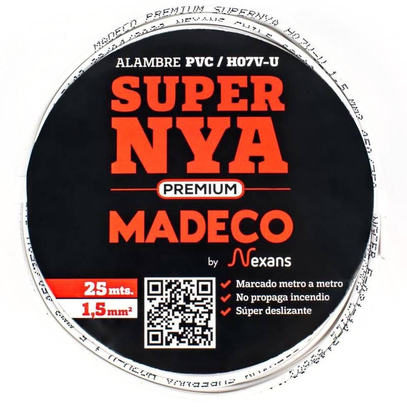 MADECO - Alambre de cobre aislado Premium (H07V-U) 1,5 mm2 25 m Blanco