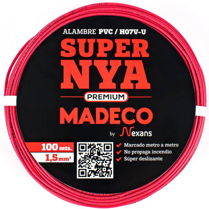 MADECO - Alambre de cobre aislado Premium (H07V-U) 1,5 mm2 100 m Rojo
