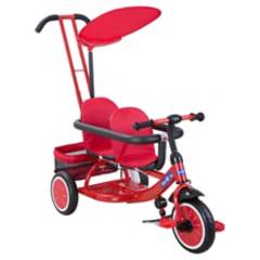 KIDSCOOL - Triciclo doble con manilla y toldo rojo