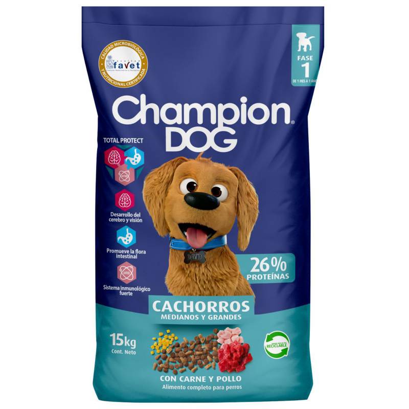CHAMPION DOG - Alimento seco para cachorro 15 kg carne, pollo y leche