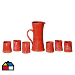 BRIGITTE LAHSEN - Juego pisco sour de jarra + 6 vasos cerámica rojo.
