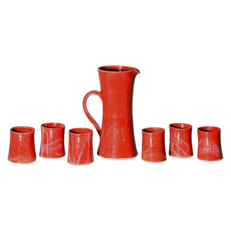  - Juego pisco sour de jarra + 6 vasos cerámica rojo.