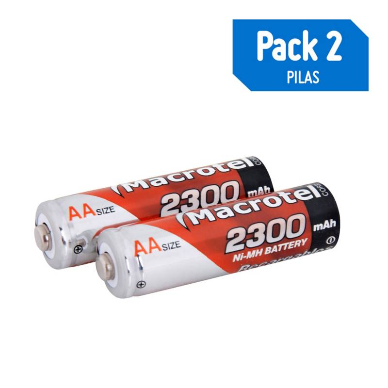 MACROTEL - Pack de 2 pilas recargables AA 2300 mAh 1.2V