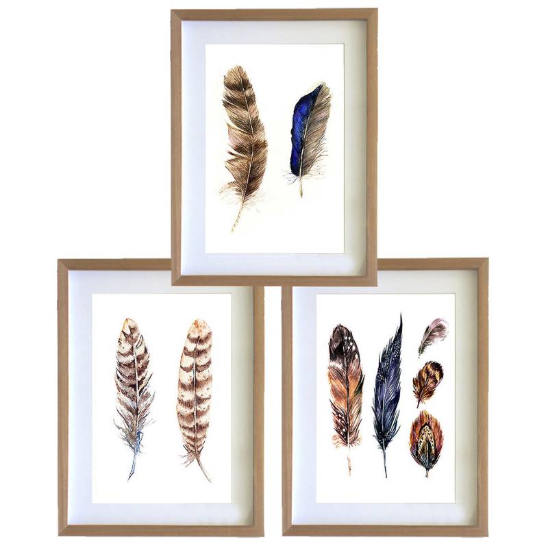 PAPEL ILUSTRADO - Set 3 cuadros 40x50 cm marco madera plumas etnico