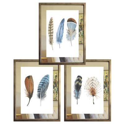 Set 3 cuadros 40x50 cm marco paspartu de espejo plumas