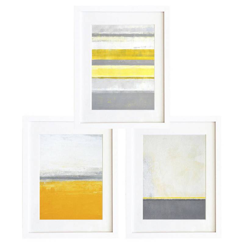 PAPEL ILUSTRADO - Set 3 cuadros 30x40 cm marco abstracto amarillo