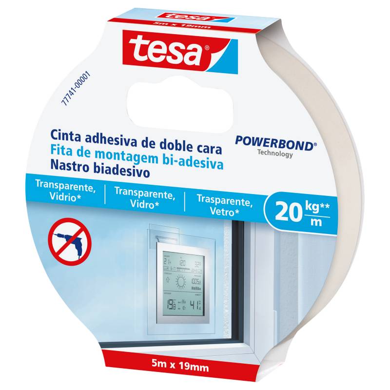 TESA - Cinta doble contacto 5mx19mm transparentes y vidrio 20 kg/m
