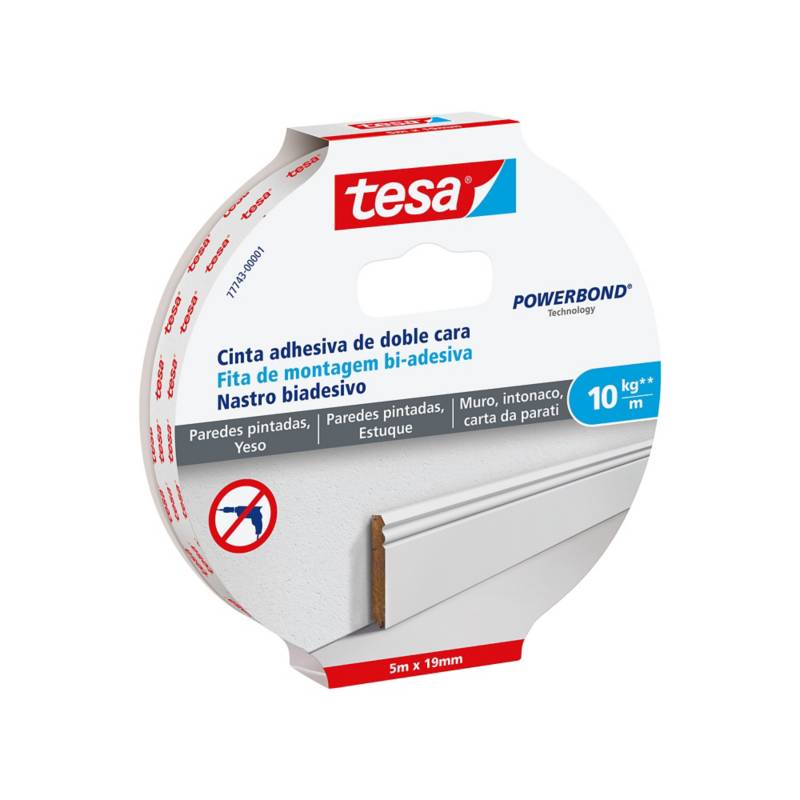 TESA - Cinta de doble contacto 5mx19mm para paredes pintadas y yeso 10 kg/m