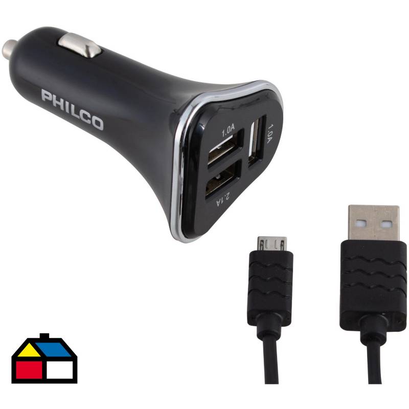 PHILCO - Kit cargador rapido auto 2,4A triple USB