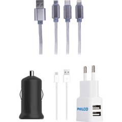 PHILCO - Kit cargador 220/12v + cable triple USB / iphone