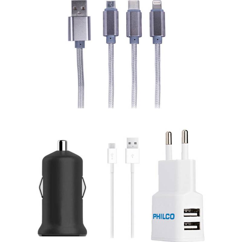 PHILCO - Kit cargador 220/12v + cable triple USB / iphone