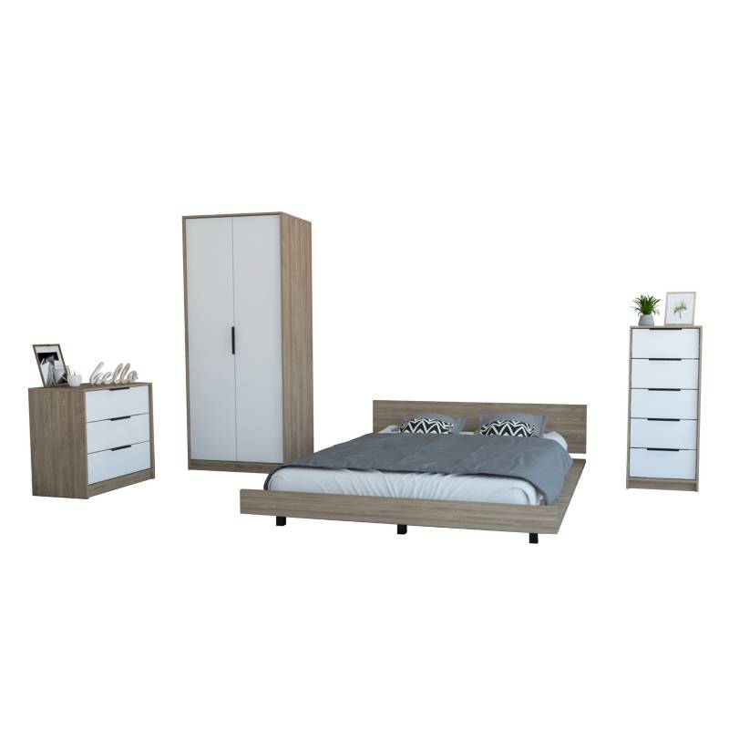 TUHOME - Set cama 2 plazas + clóset + 2 cómodas miel/blanco