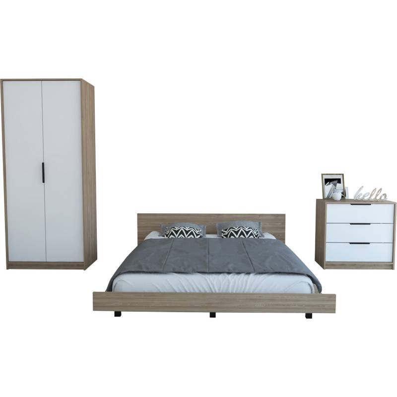 TUHOME - Set cama 2 plazas + clóset + cómoda 3 cajones miel/blanco