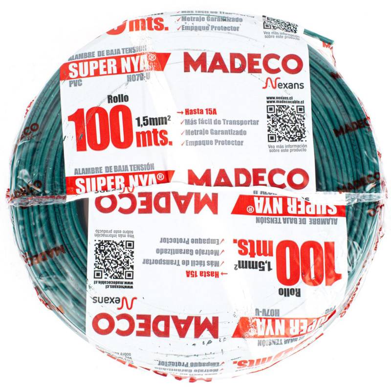 MADECO - Alambre de cobre aislado (H07V-U) 1,5 mm2 100 m Verde