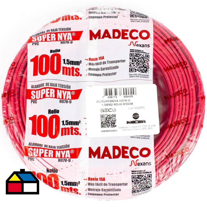 MADECO - Alambre de cobre aislado (H07V-U) 1,5 mm2 100 m Rojo