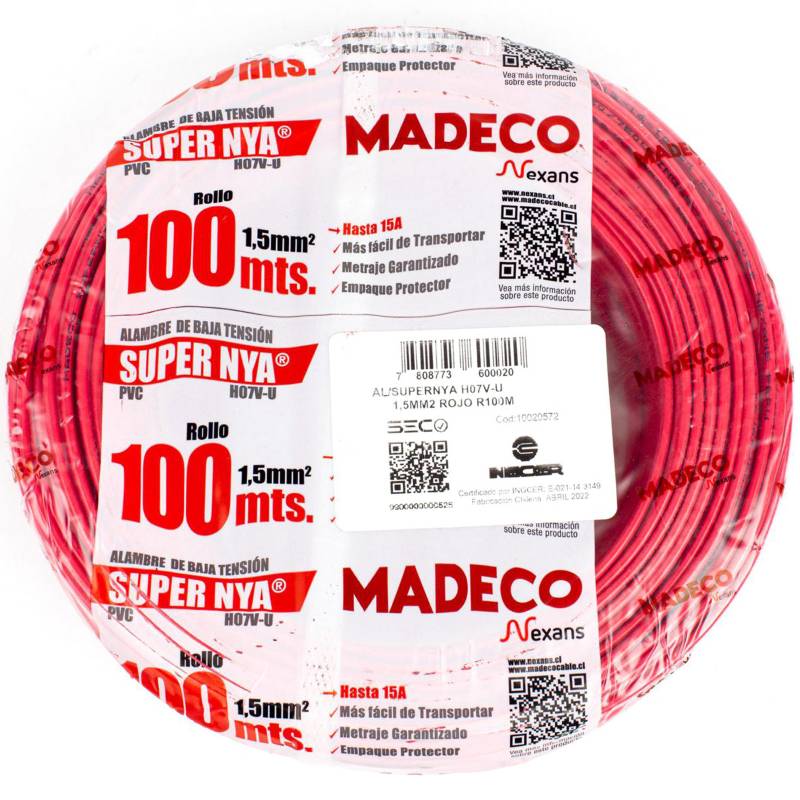 MADECO - Alambre de cobre aislado (H07V-U) 1,5 mm2 100 m Rojo