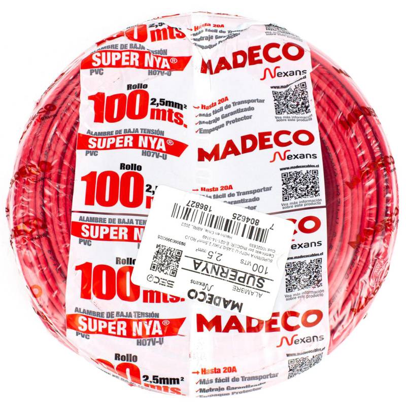 MADECO - Alambre de cobre aislado (H07V-U) 2,5 mm2 100 m Rojo