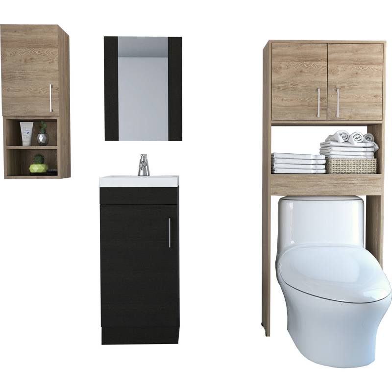 TUHOME - Set botiquín + mueble lavamanos + espejo + mueble optimizador miel/wengue