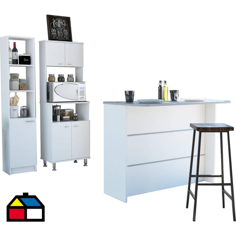 TUHOME - Set mueble microondas + isla de cocina + estante blanco