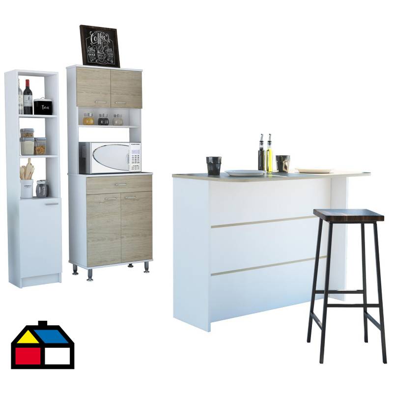 TUHOME - Set mueble microondas + isla de cocina + estante rovere/blanco