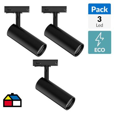 Pack 3 led riel cilindro 12 W negro LC.