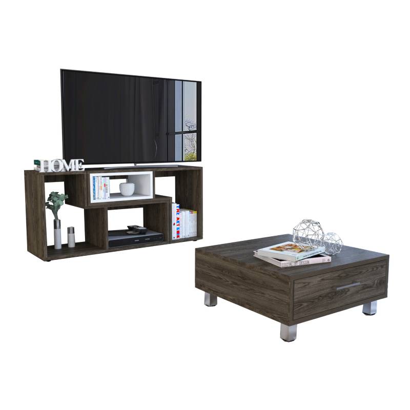 TUHOME - Rack extensible TV 40" + mesa de centro coñac/blanco