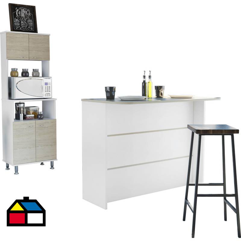 TUHOME - Combo cocina mueble microondas + barra de cocina blanco
