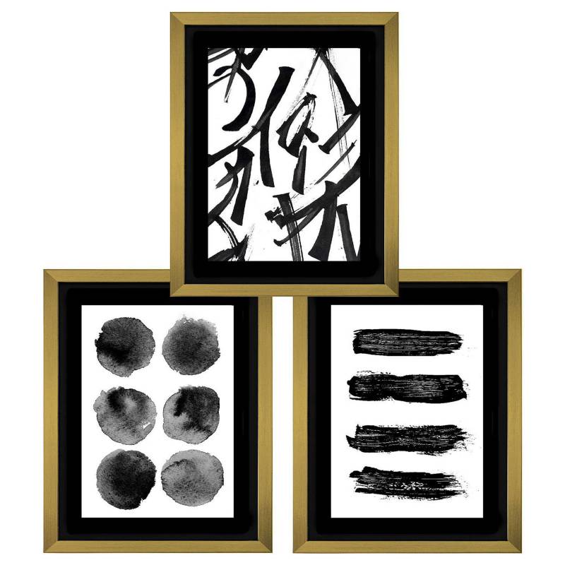 PAPEL ILUSTRADO - Set 3 cuadros trazos astractos negro 50x70 dorado