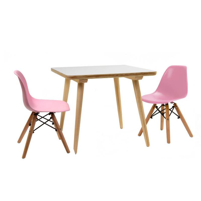DE PIES A CABEZA - Set  infantil mesa cuadrada blanca 2 sillas rosado