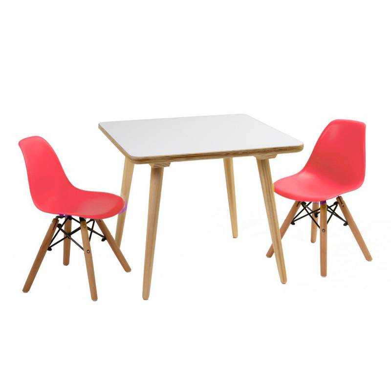 DE PIES A CABEZA - Set infantil mesa cuadrada blanca y 2 sillas rojas