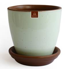MESTIZA - Set macetero zafiro cerámico verde agua 14 cm y plato decorativo
