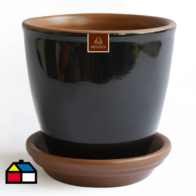MESTIZA - Set macetero zafiro cerámico negro 14 cm y plato decorativo