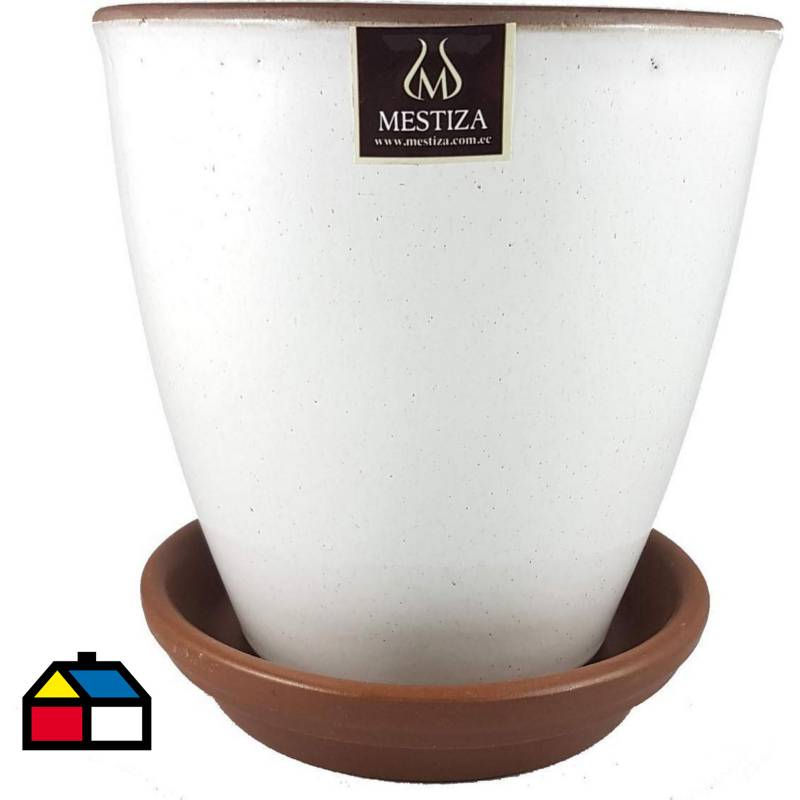 MESTIZA - Set macetero zafiro cerámico blanco 17 cm y plato decorativo
