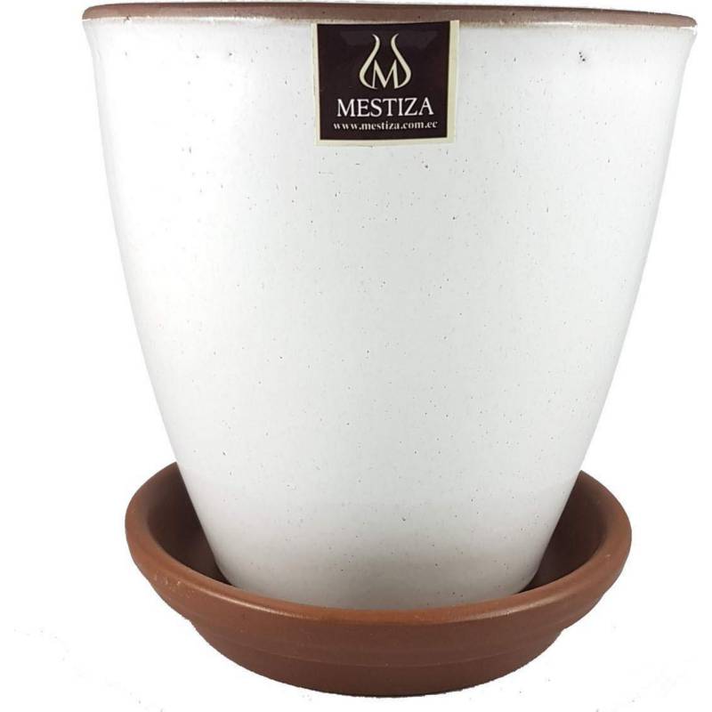 MESTIZA - Set macetero zafiro cerámico blanco 17 cm y plato decorativo