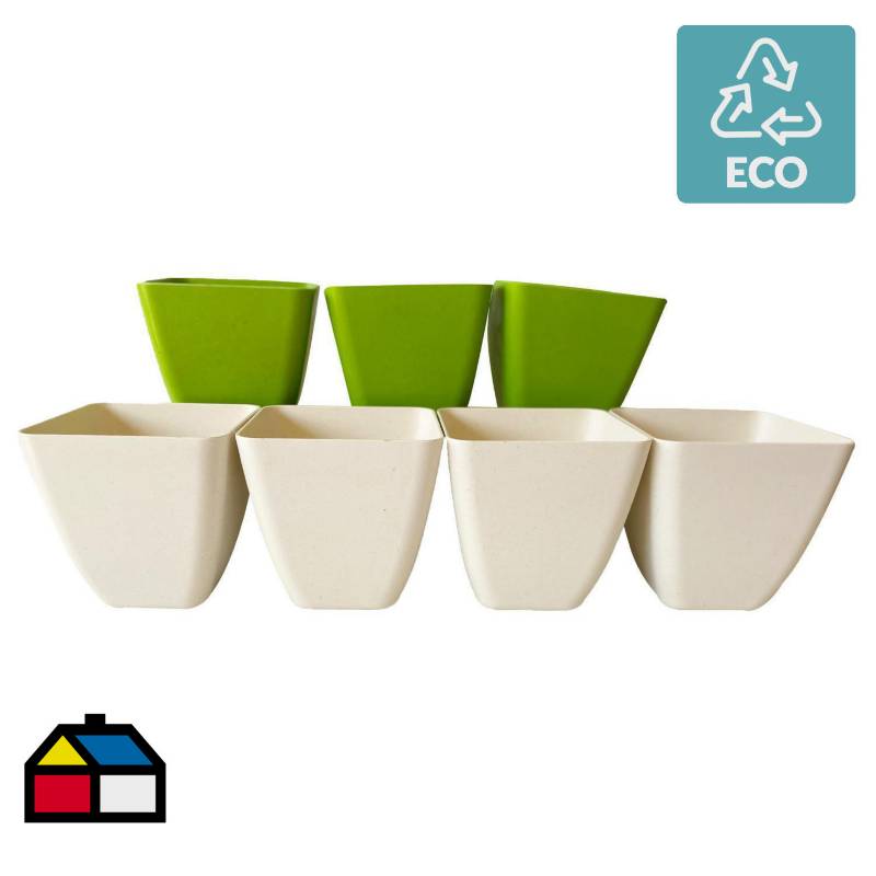 DECOGREEN - Set de 7 Maceteros Biodegradables Cuadrado, 4 Blancos y 3 Verdes