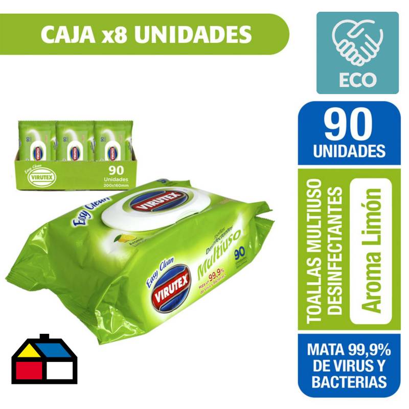 VIRUTEX - Caja con 8 paquetes toallas desinfectantes limón 90 unidades