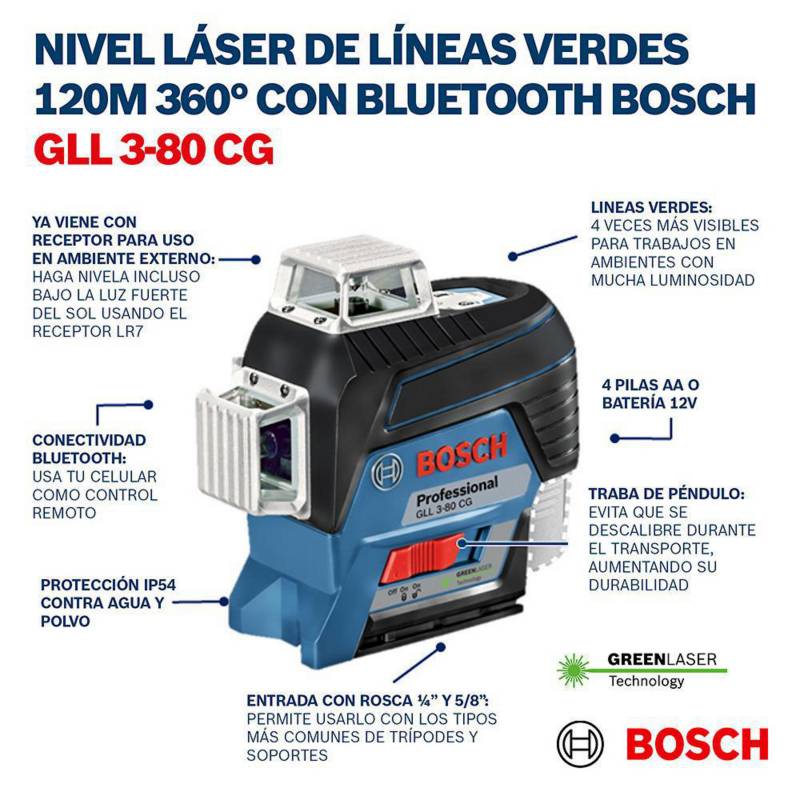 Nivel láser de líneas verdes cruzadas 12 metros Bosch GLL 2-12 G