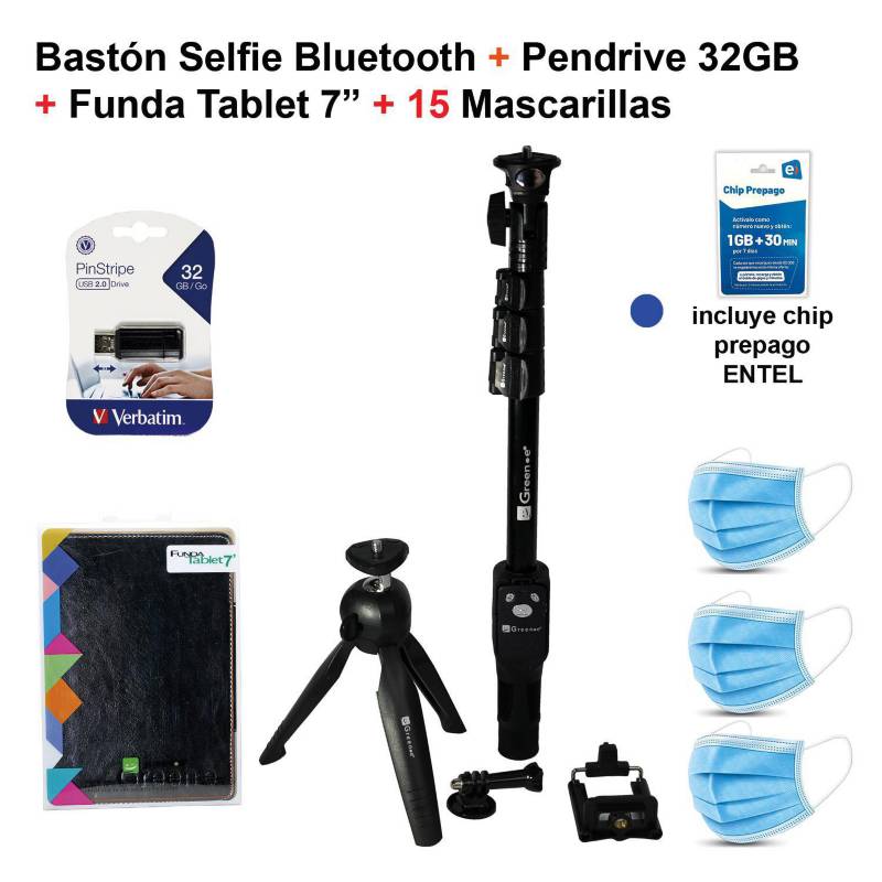 GREEN-E - Bastón selfie con trípode + Pendrive 32GB
