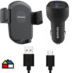 AIWA - Cargador rapido qc3.0 USB y tipo c+soporte+cable micro usb